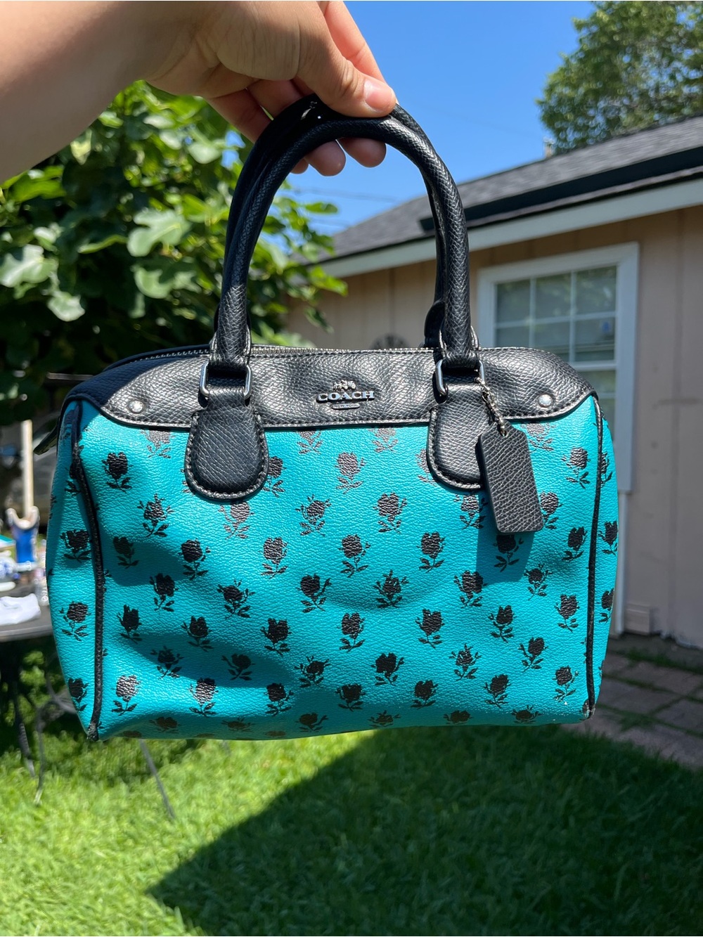 Coach Turquoise Floral Satchel with Black Trim